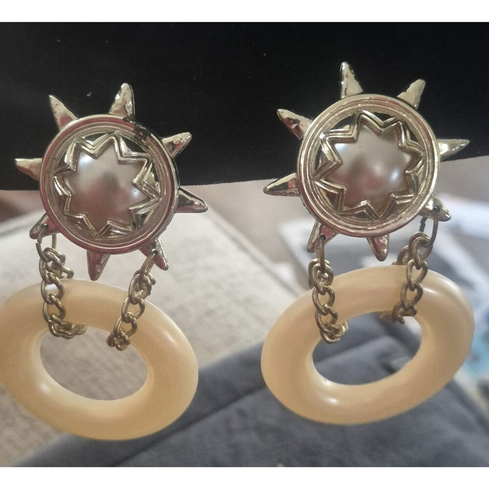Vtg  Clip Earrings GoldTone Button Sunburst Faux Pearl Center  Cream Dangle Hoop